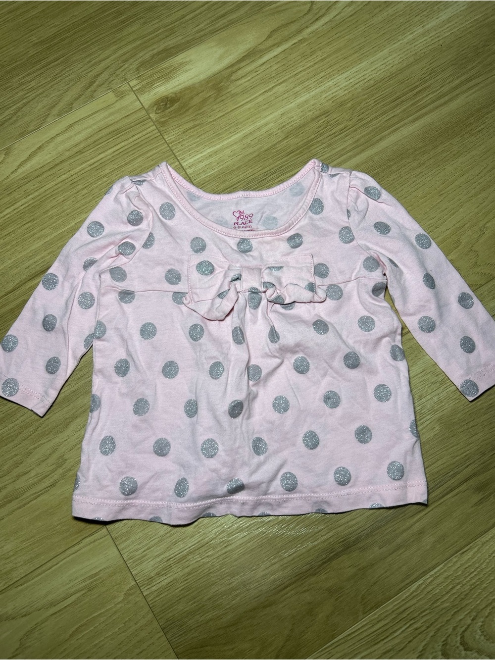 The Children's Place Pink Long Sleeve Tee with Silver Polka Dots and Front Bow